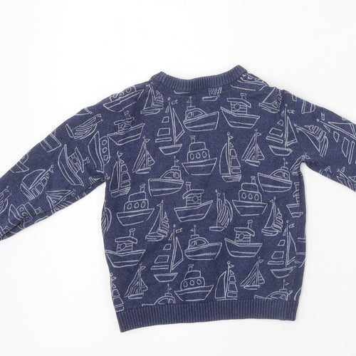 Marks and Spencer Boys Blue Round Neck Geometric Polyester Pullover Jumper Size 2-3 Years Pullover - Boat