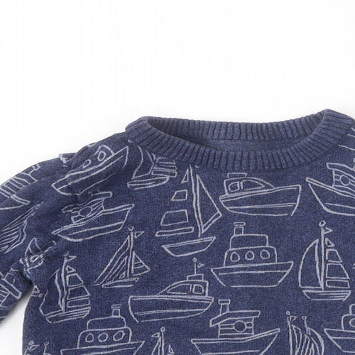 Marks and Spencer Boys Blue Round Neck Geometric Polyester Pullover Jumper Size 2-3 Years Pullover - Boat