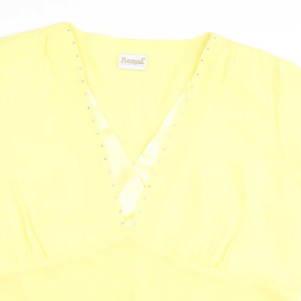 Roman Originals Womens Yellow Polyester Basic T-Shirt Size 22 V-Neck