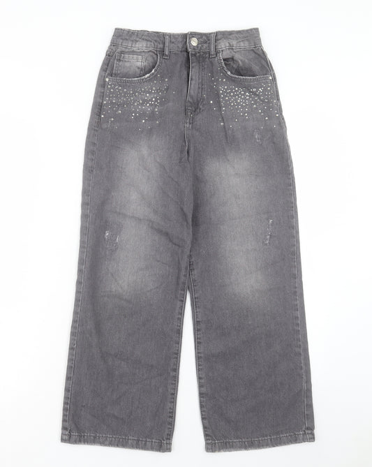 Denim & Co. Girls Grey Cotton Boyfriend Jeans Size 11-12 Years Regular Button - Distressed Look