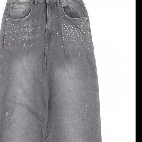 Denim & Co. Girls Grey Cotton Boyfriend Jeans Size 11-12 Years Regular Button - Distressed Look