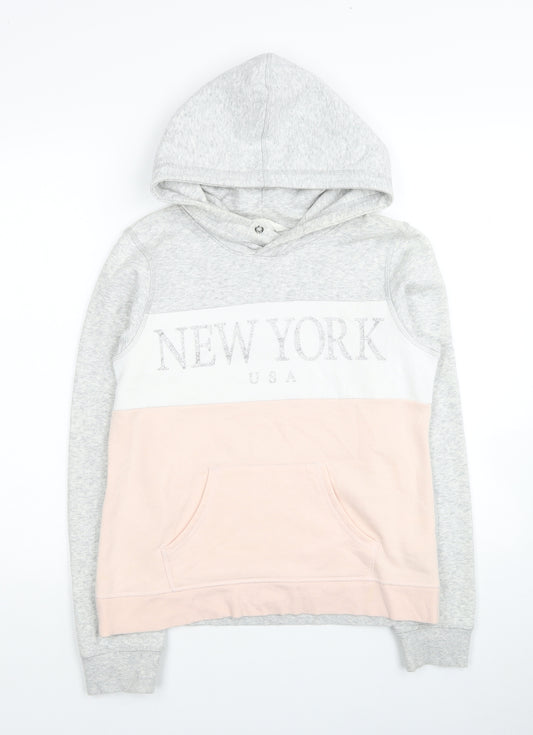 H&M Girls Grey Colourblock Cotton Pullover Hoodie Size 13-14 Years Pullover - New York