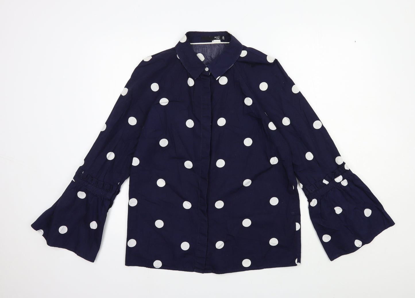 Max Jeans Womens Blue Polka Dot 100% Cotton Basic Blouse Size M Collared