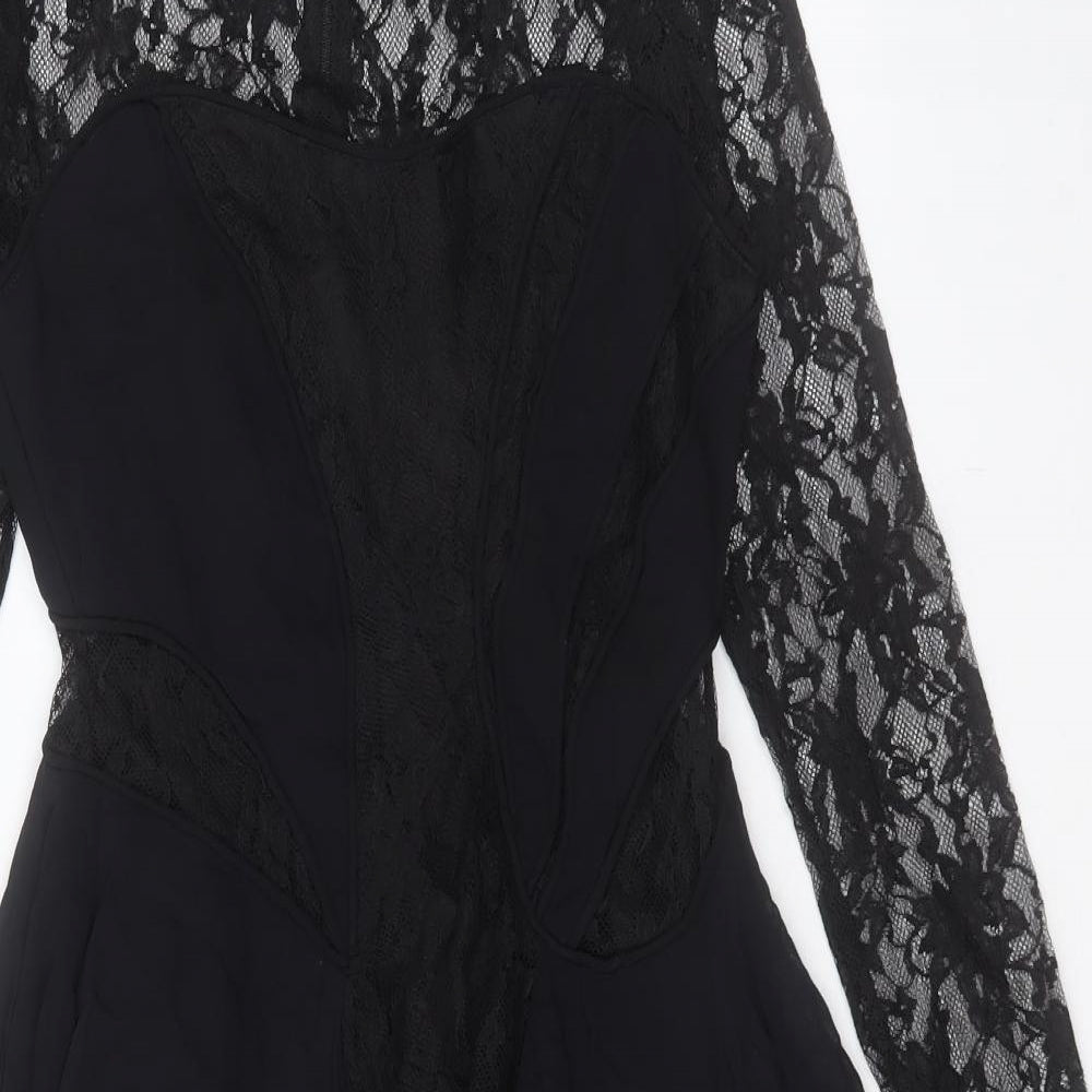 Label Lab Womens Black Floral Viscose A-Line Size 6 Round Neck Zip