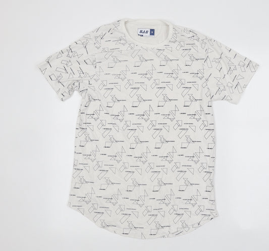 DJ&C Mens White Geometric Polyester T-Shirt Size S Crew Neck