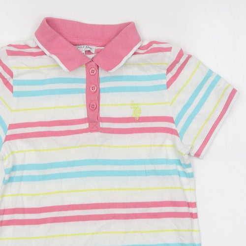 US Polo Assn. Girls White Striped 100% Cotton Basic Polo Size 10-11 Years Collared Button