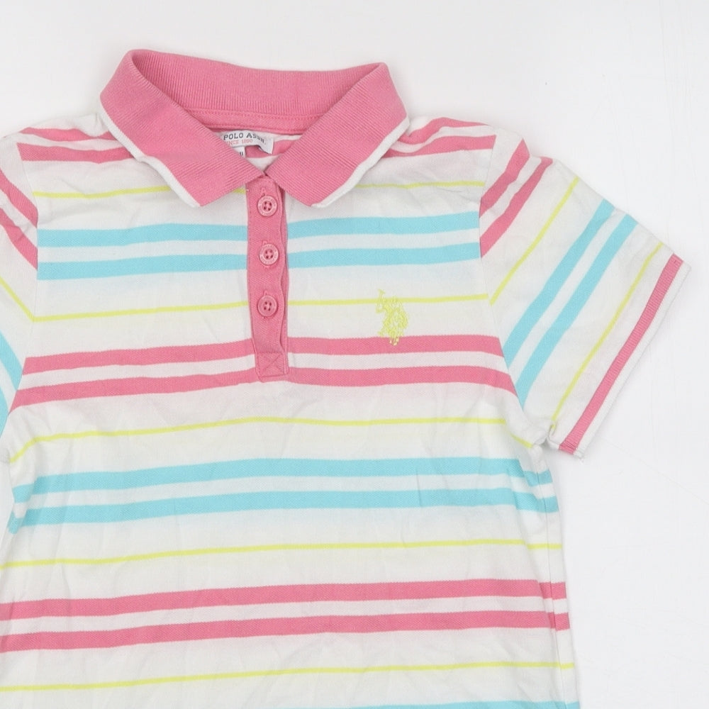 US Polo Assn. Girls White Striped 100% Cotton Basic Polo Size 10-11 Years Collared Button
