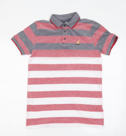 Kangol Mens Red Striped 100% Cotton Polo Size S Collared Button