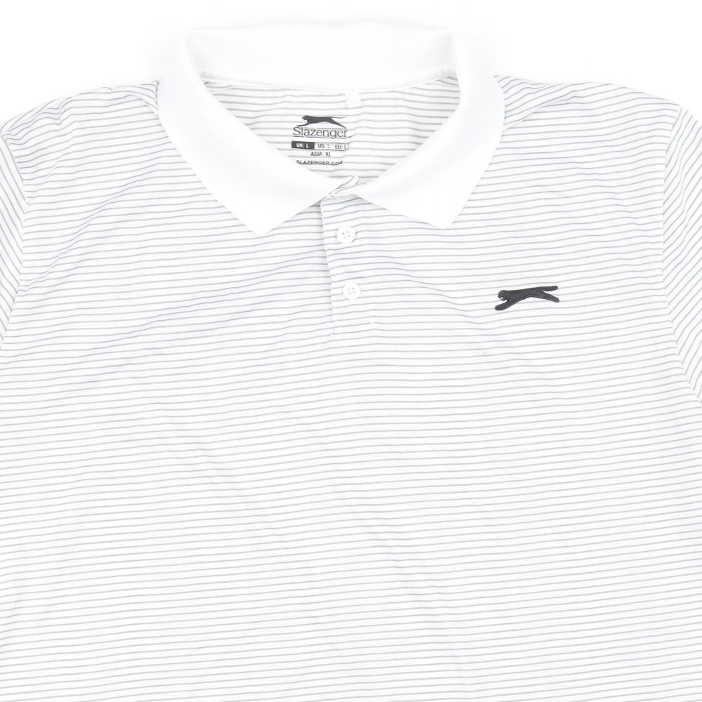 Slazenger Mens Grey Striped Polyester Polo Size XL Collared Button