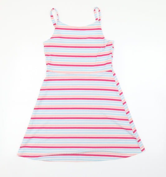 Primark Girls Multicoloured Striped Polyester Tank Dress Size 12-13 Years Square Neck Pullover