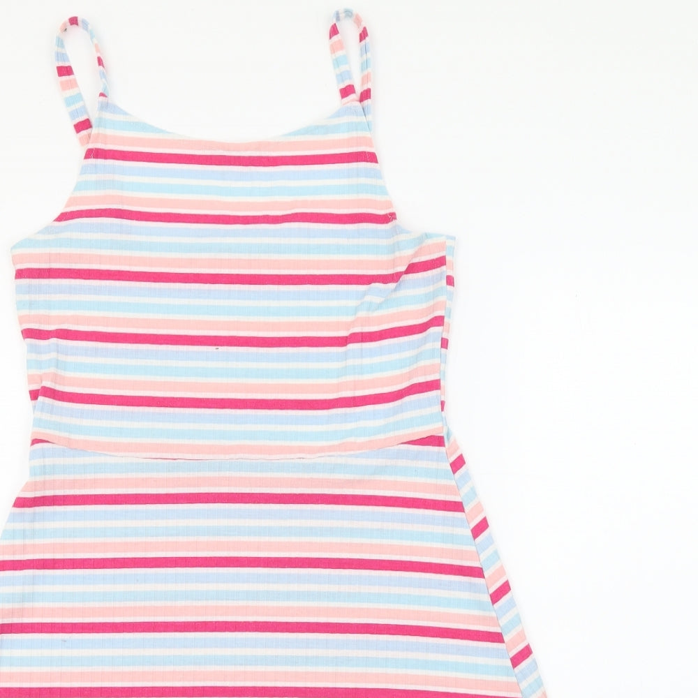 Primark Girls Multicoloured Striped Polyester Tank Dress Size 12-13 Years Square Neck Pullover