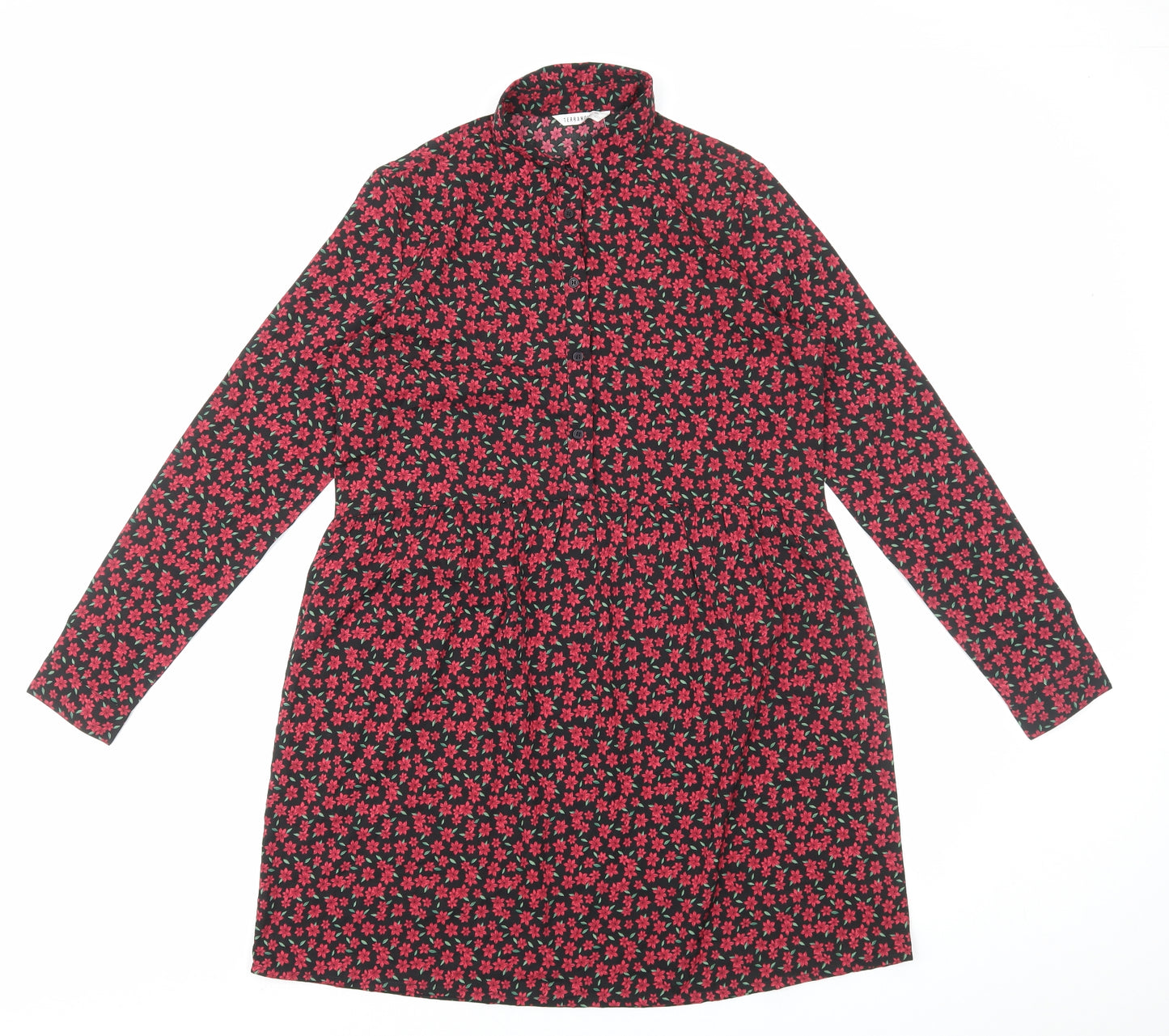 Terranova Womens Red Floral Viscose A-Line Size S Collared Button
