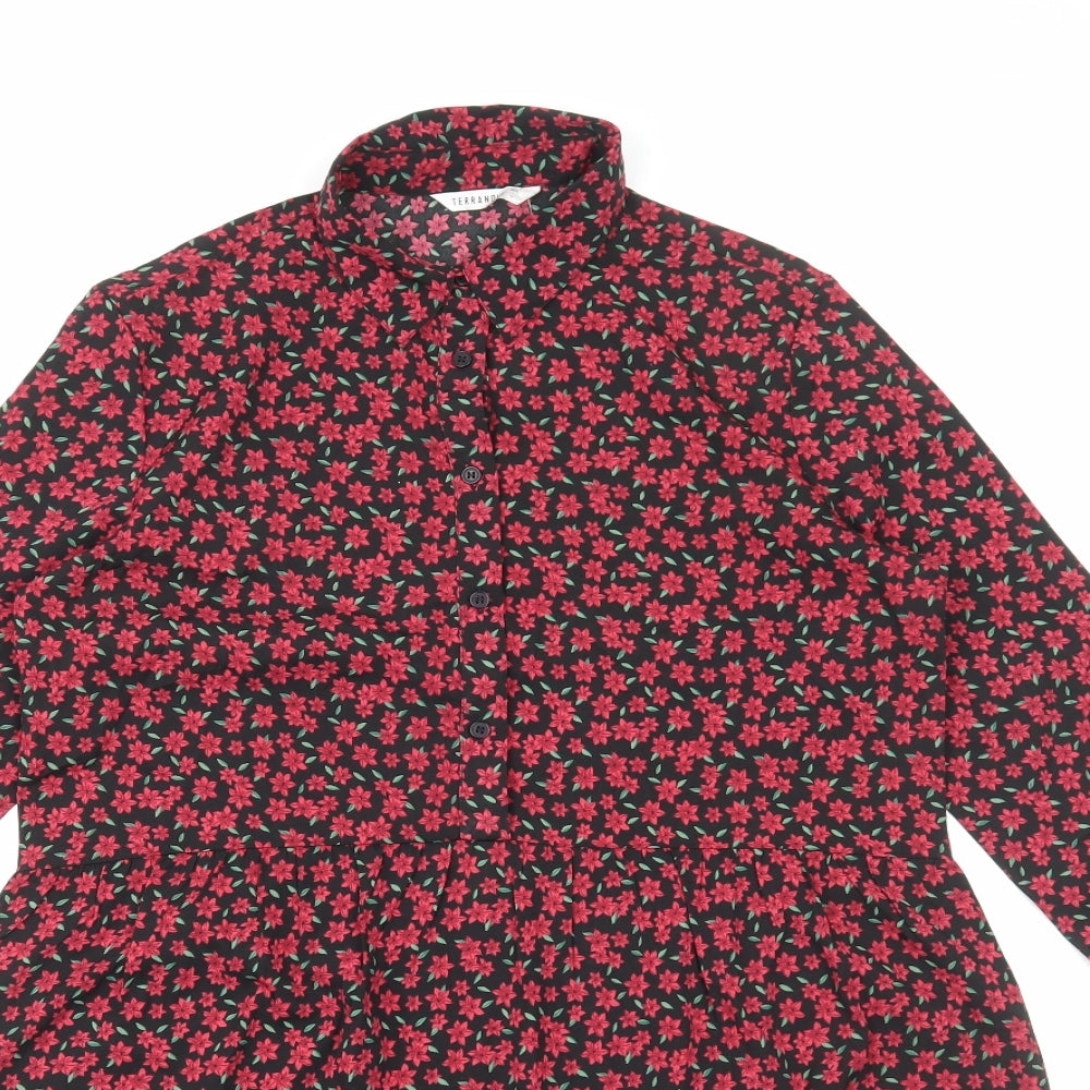 Terranova Womens Red Floral Viscose A-Line Size S Collared Button