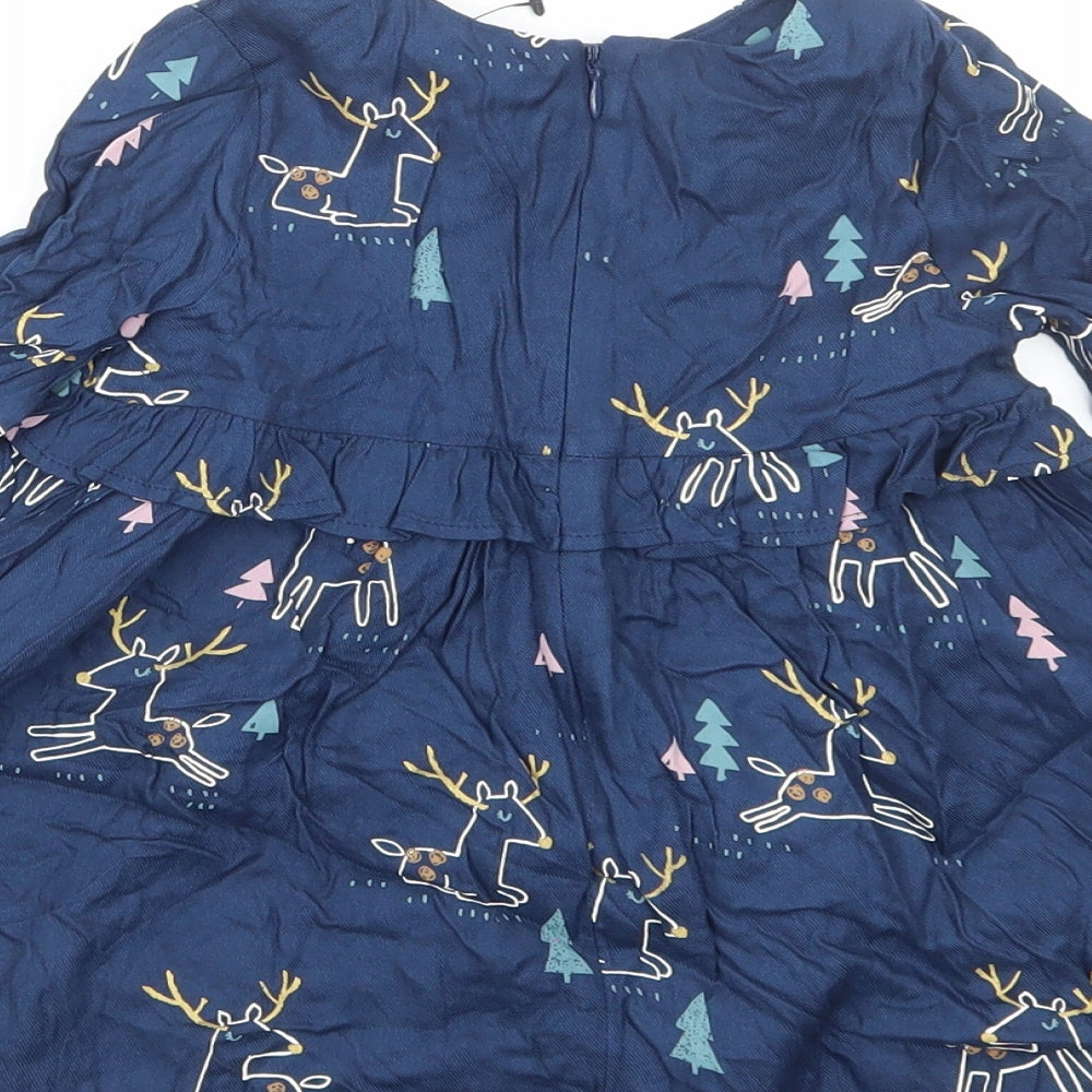 Garfield & Marks Girls Blue Geometric Cotton A-Line Size 12-18 Months Round Neck Zip - Reindeer Christmas