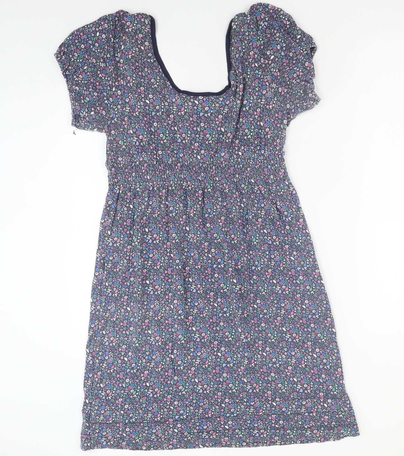 Animal Womens Blue Floral Polyester A-Line Size 12 Scoop Neck Button