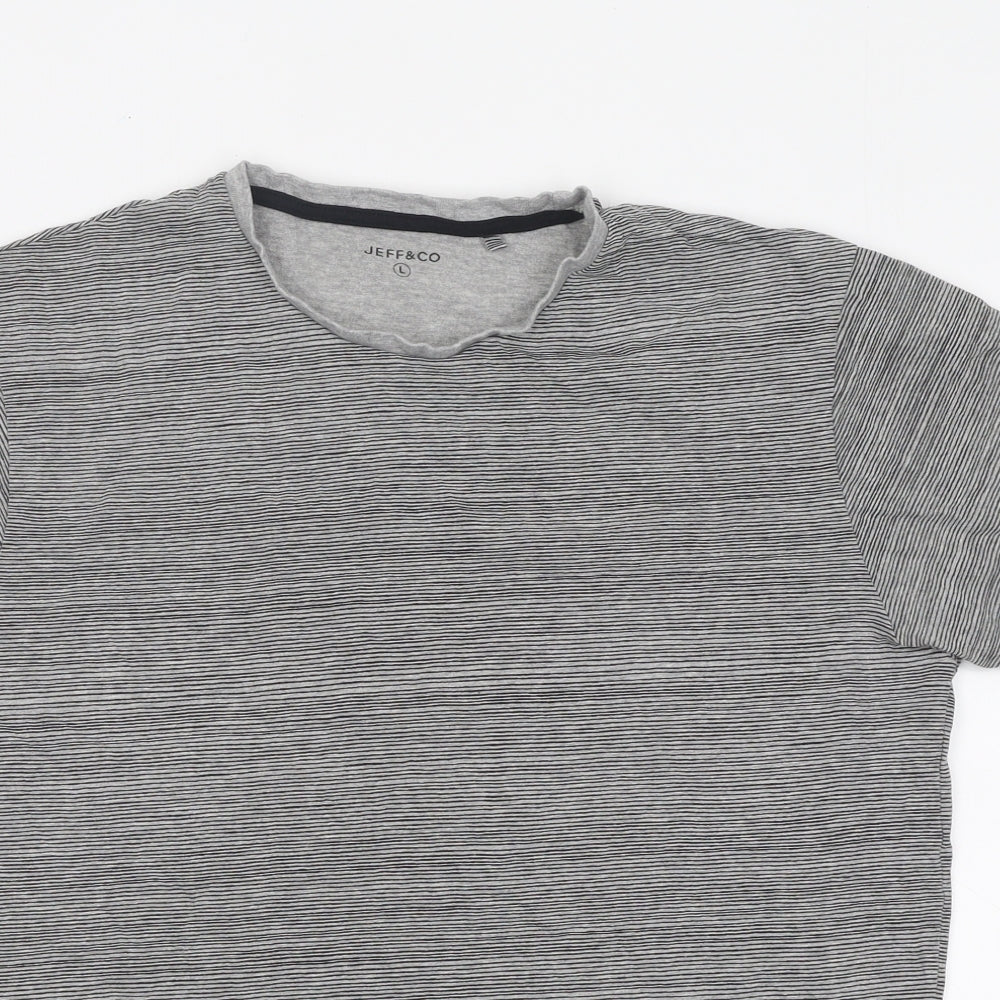 JEFF&CO Mens Grey Striped Polyester T-Shirt Size L Round Neck