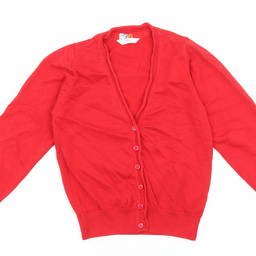 Marks and Spencer Girls Red V-Neck 100% Cotton Cardigan Jumper Size 7-8 Years Button