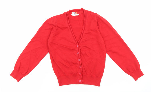Marks and Spencer Girls Red V-Neck 100% Cotton Cardigan Jumper Size 7-8 Years Button