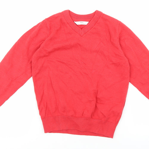 Marks and Spencer Girls Red V-Neck 100% Cotton Pullover Jumper Size 5-6 Years Pullover