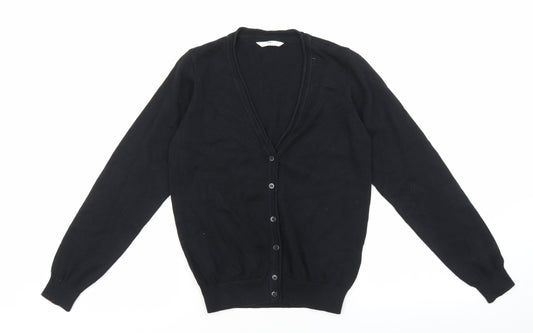 Marks and Spencer Girls Black V-Neck 100% Cotton Cardigan Jumper Size 10-11 Years Button