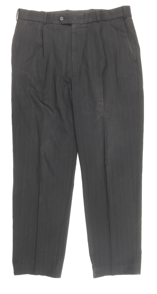 Preworn Mens Black Striped Wool Trousers Size 36 in Regular Zip