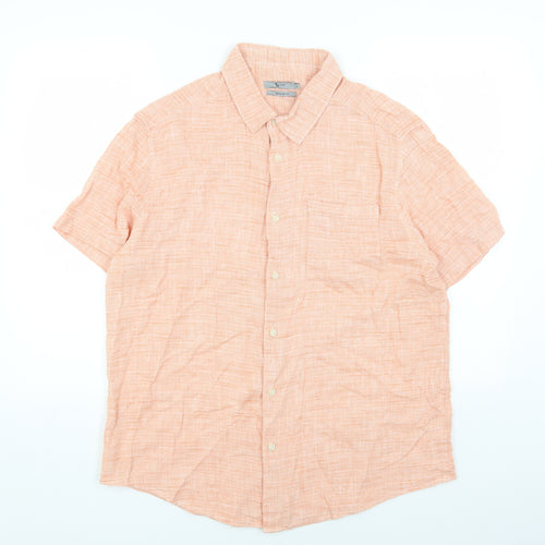 TU Mens Orange Cotton Button-Up Size L Collared Button