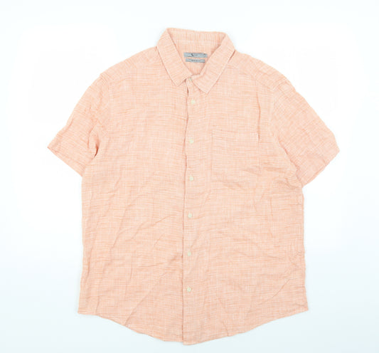 TU Mens Orange Cotton Button-Up Size L Collared Button