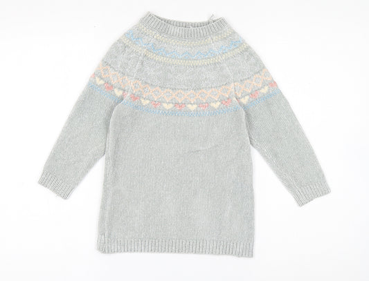 PEP&CO Girls Grey Round Neck Fair Isle Polyester Pullover Jumper Size 3-4 Years Pullover
