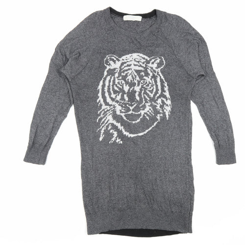 Zara Knit Womens Grey Polyester Jumper Dress Size S Crew Neck Pullover - Tiger