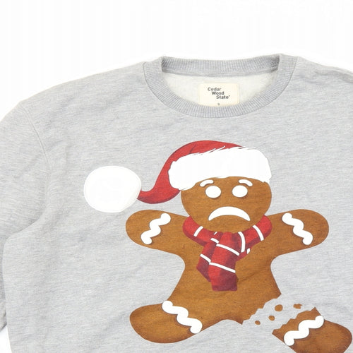 Cedar Wood State Mens Grey Cotton Pullover Sweatshirt Size S - Gingerbread Man Christmas