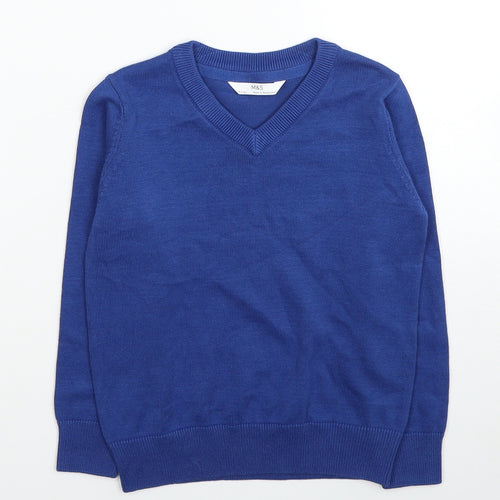 Marks and Spencer Boys Blue V-Neck Cotton Pullover Jumper Size 4-5 Years Pullover