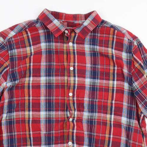TU Mens Red Plaid Linen Button-Up Size L Collared Button