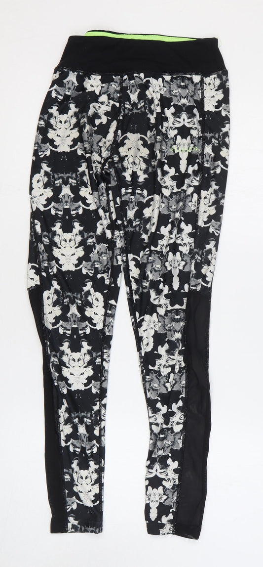 Elle Sport Womens Black Floral Polyester Capri Leggings Size L - Mesh Side Panels