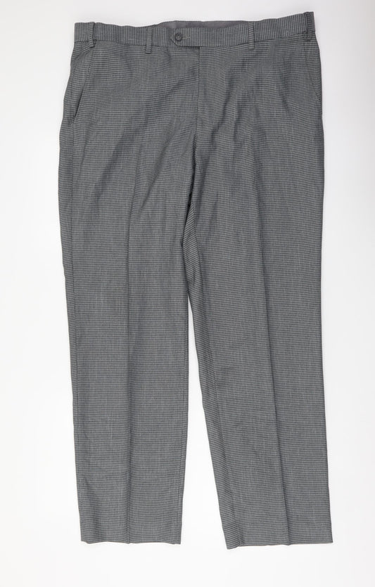 Marks and Spencer Mens Grey Plaid Polyester Dress Pants Trousers Size 38 in L31 in Regular Button