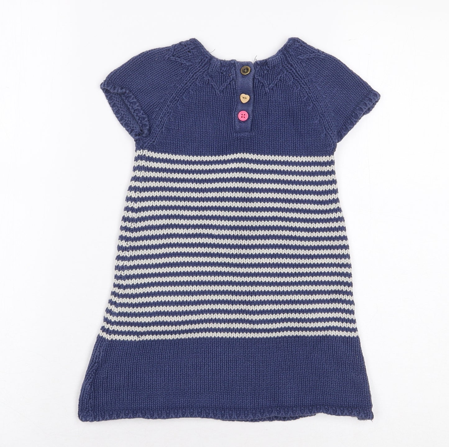 NEXT Girls Blue Striped Cotton Jumper Dress Size 2-3 Years Round Neck Pullover