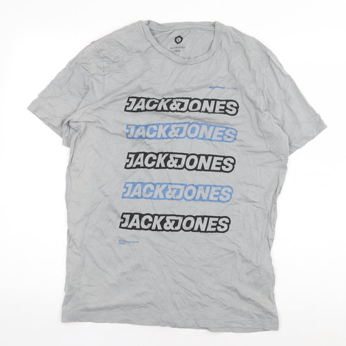 JACK & JONES Mens Grey Cotton T-Shirt Size L Round Neck