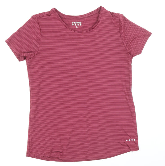 Souluxe Womens Pink Striped Polyester Basic T-Shirt Size S Round Neck Pullover