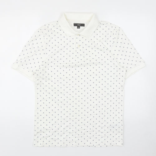 Marks and Spencer Mens White Geometric Cotton Polo Size S Collared Button