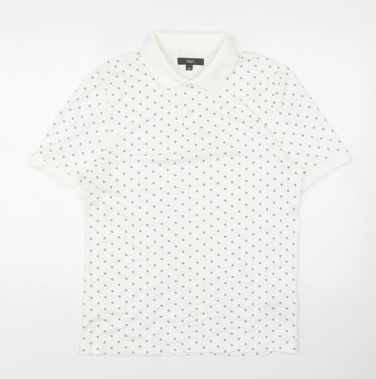 Marks and Spencer Mens White Geometric Cotton Polo Size S Collared Button