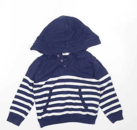 H&M Boys Blue Striped Cotton Pullover Hoodie Size 3-4 Years Button