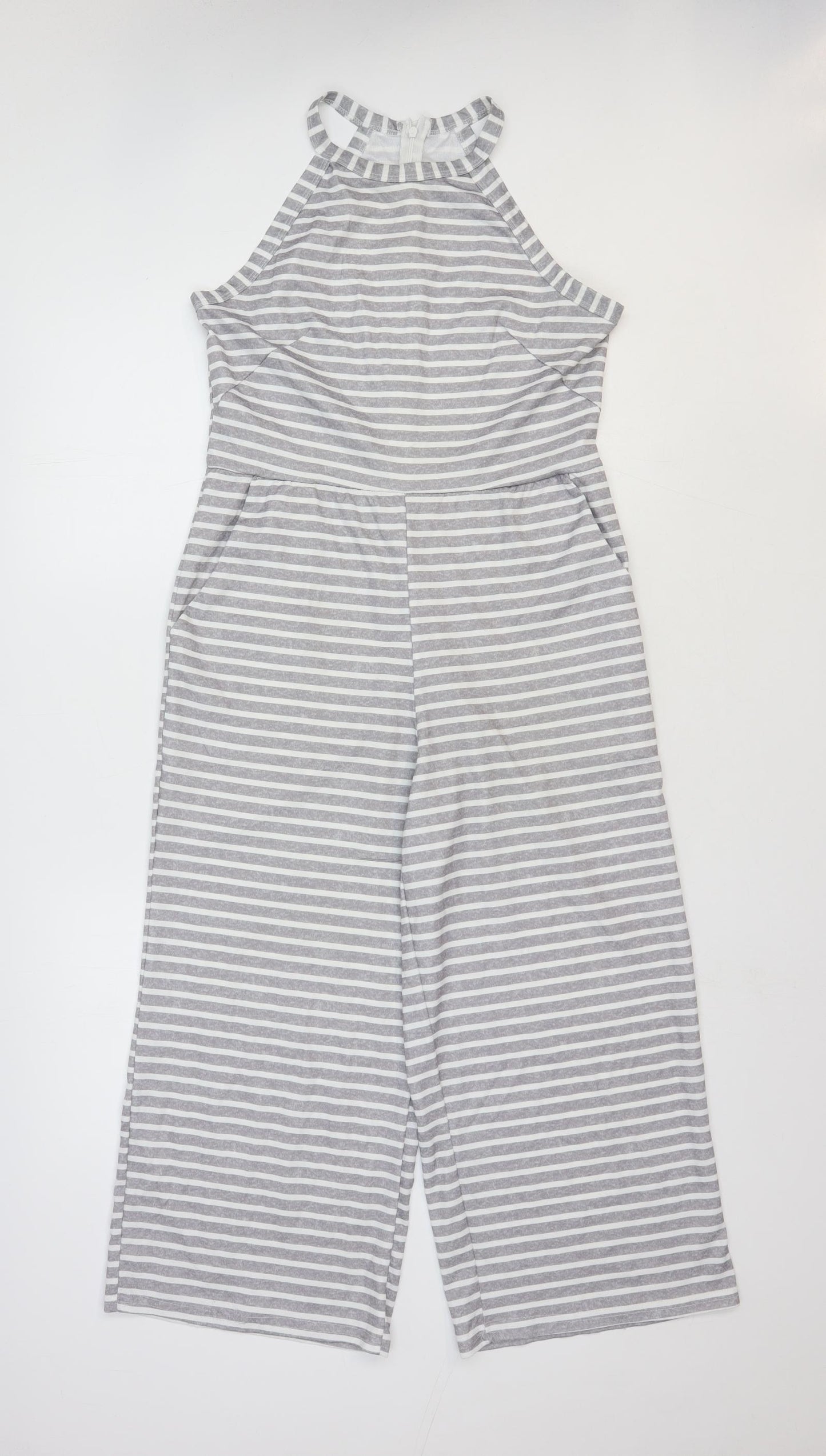 Preworn Womens Grey Striped Polyester Playsuit One-Piece Size S Zip