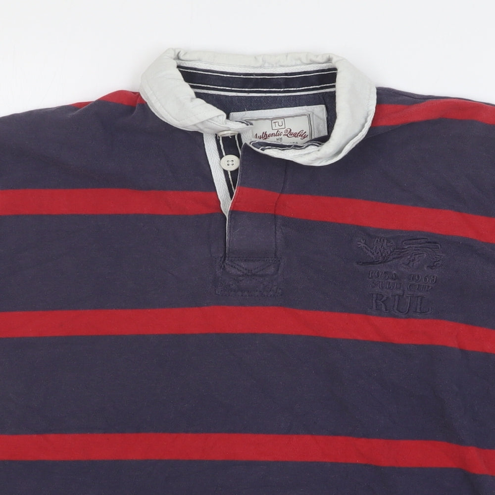 TU Mens Multicoloured Striped 100% Cotton Polo Size M Collared Button
