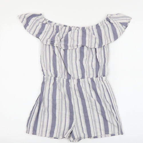 New Look Girls Blue Striped Linen Playsuit One-Piece Size 12 Years Pullover