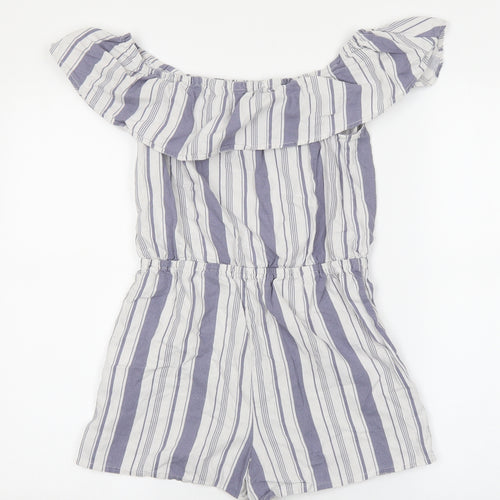 New Look Girls Blue Striped Linen Playsuit One-Piece Size 12 Years Pullover