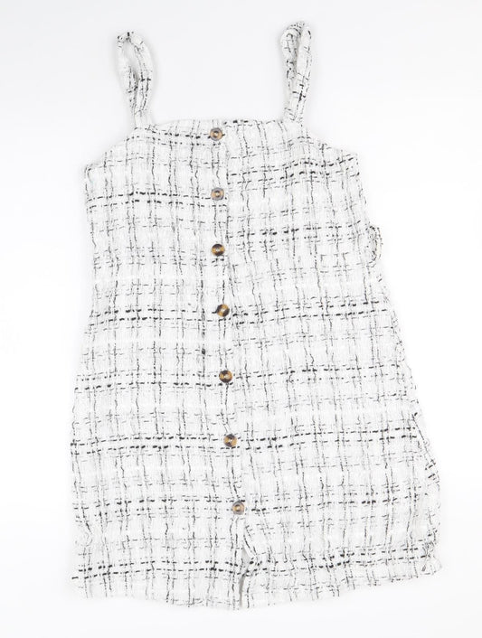 SheIn Girls White Geometric Polyester Pinafore/Dungaree Dress Size 11-12 Years Square Neck Button
