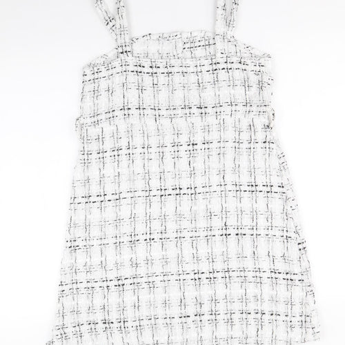 SheIn Girls White Geometric Polyester Pinafore/Dungaree Dress Size 11-12 Years Square Neck Button