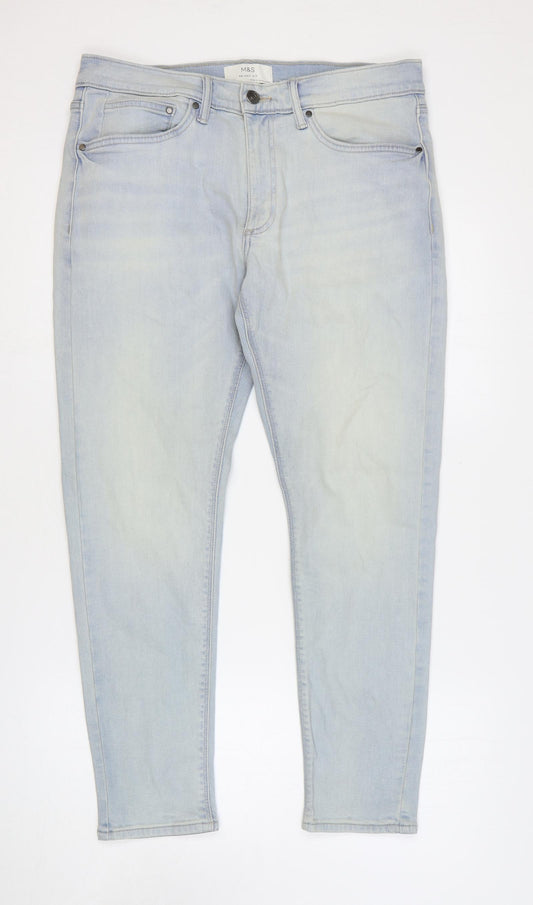 Marks and Spencer Mens Blue Cotton Skinny Jeans Size 32 in L29 in Regular Zip