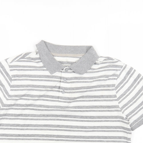George Mens White Striped Cotton Polo Size L Collared Button