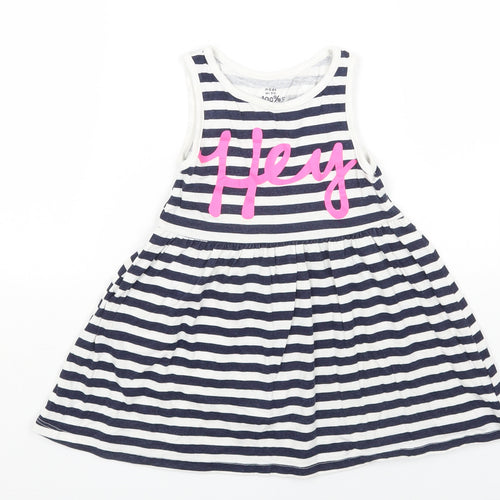 F&F Girls White Striped Cotton T-Shirt Dress Size 3-4 Years Round Neck Pullover