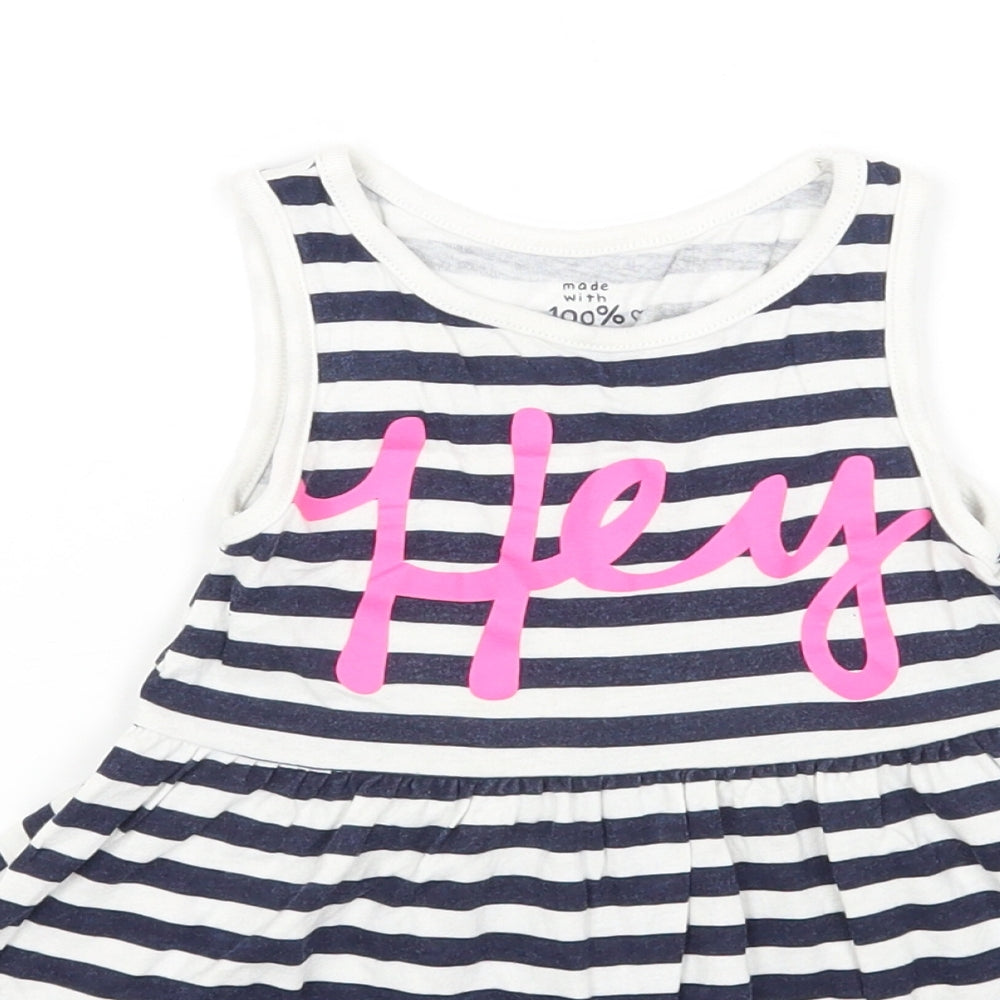 F&F Girls White Striped Cotton T-Shirt Dress Size 3-4 Years Round Neck Pullover